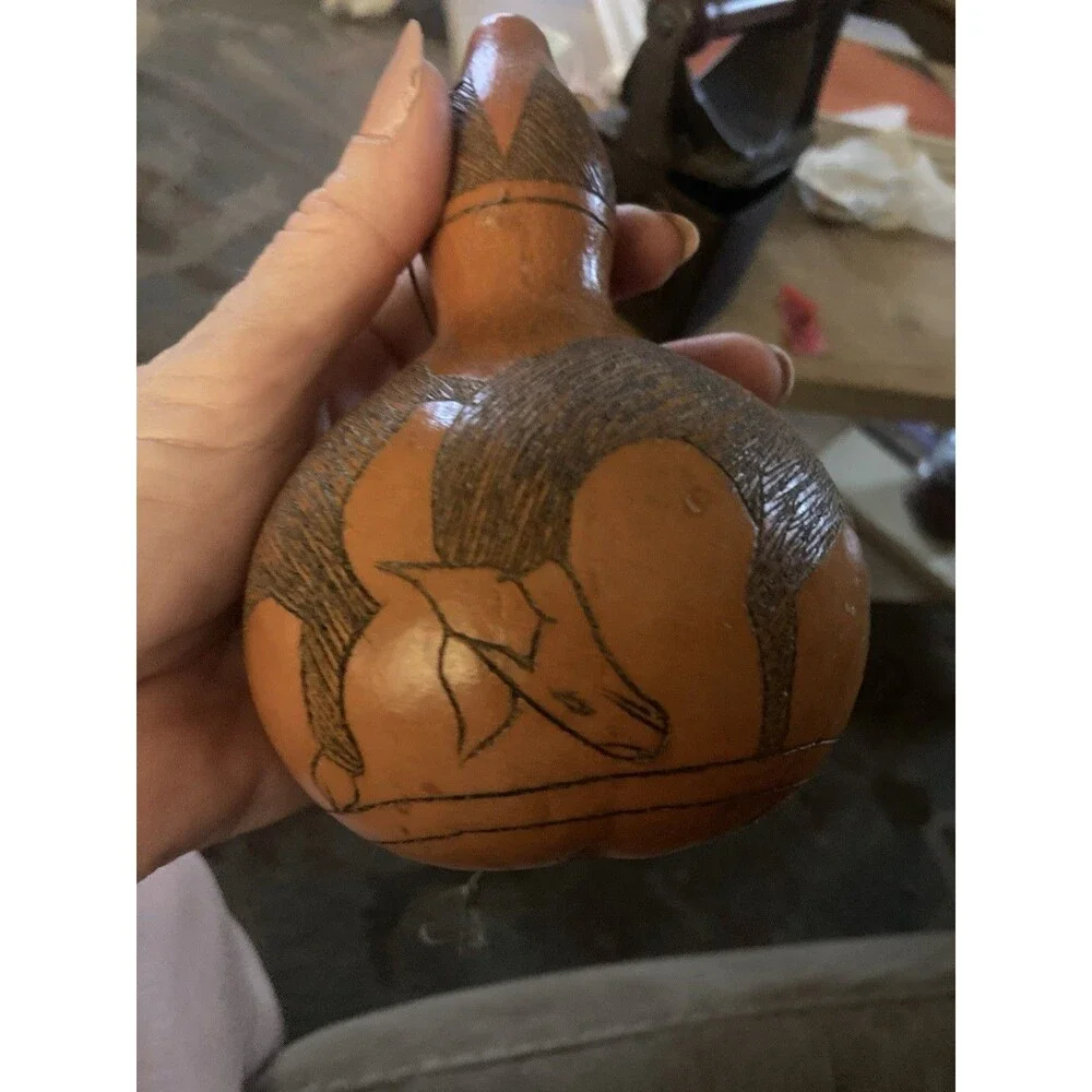 3 Peruvian Folk Art Hand Carved Gourd Ornaments Animal Etching Fish Horse Vintag